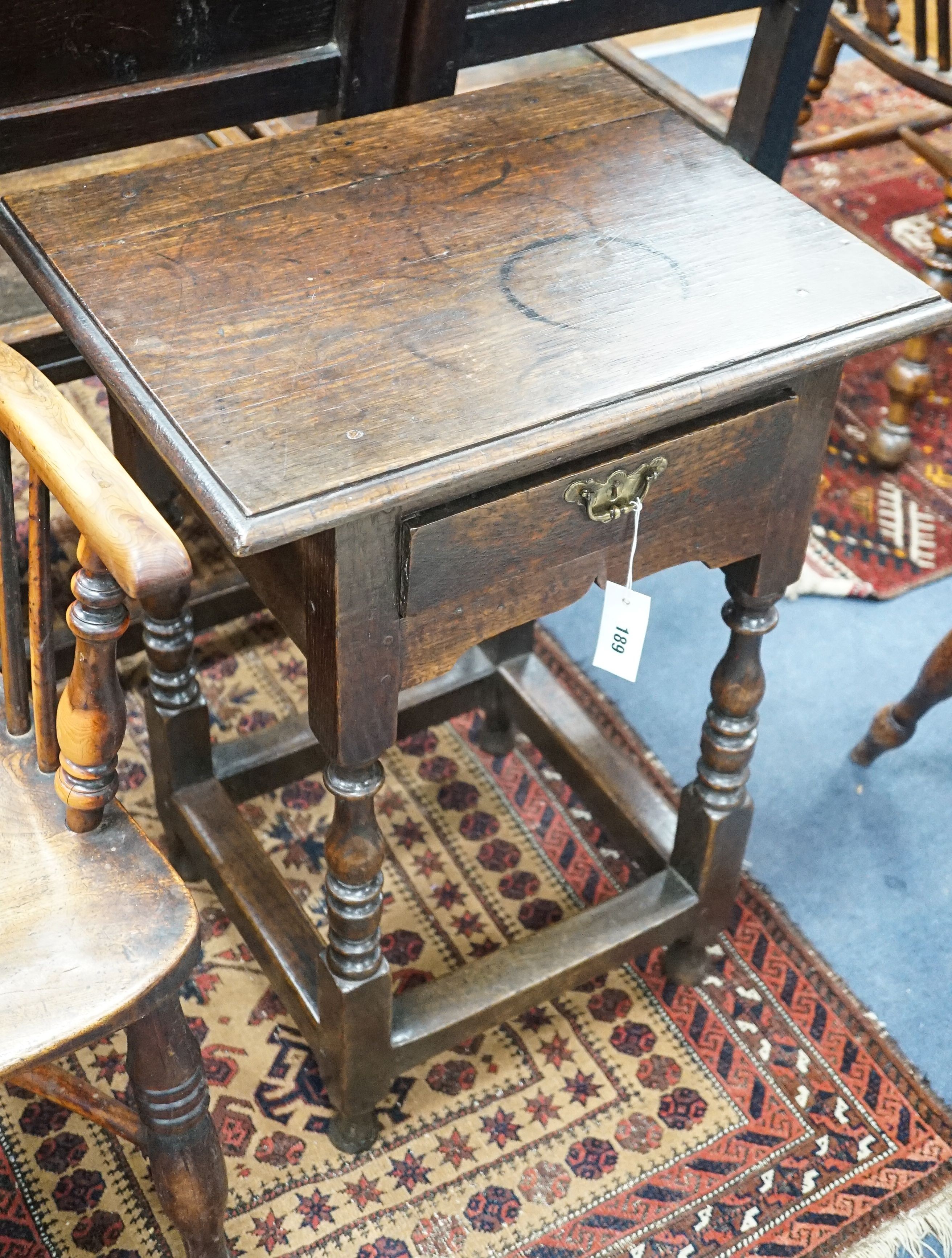 A small William and Mary rectangular oak side table on baluster turned legs, width 51cm, depth 41cm, height 69cm